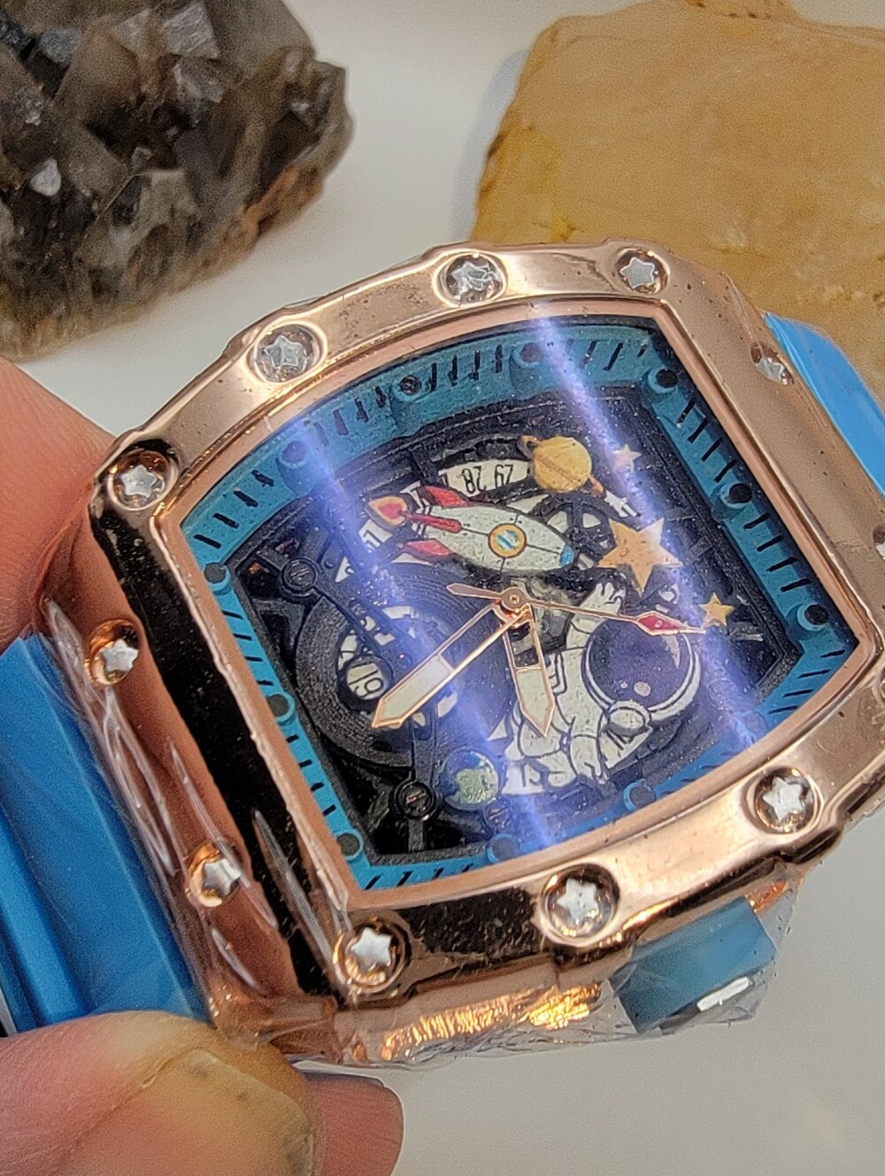 NEW ⌚️ AJ Mens Rose Gold Astronaut Space Dial Watch Sky Blue Silicone Band 42mm